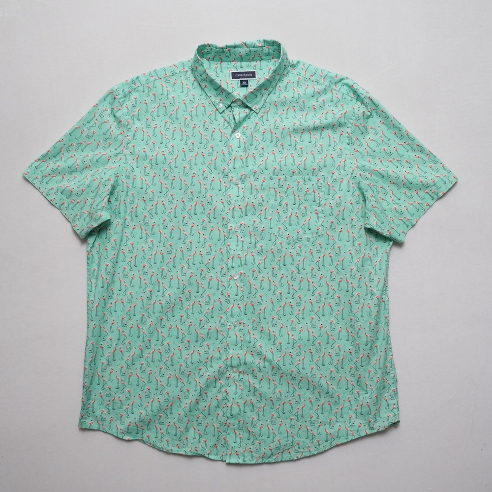 Club Room Button Up Shirt Mens XXL Green Flamingo Tropical Print Short Sleeve - Picture 2 of 16